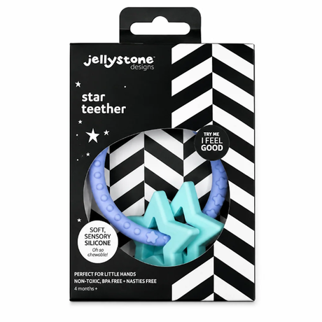 Front view of a Jellystone Designs silicone star teether in blue and turquoise inside packaging.