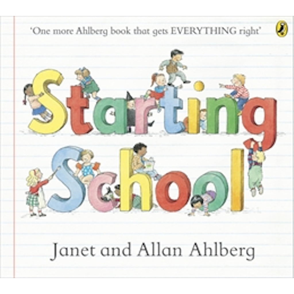 Children play around colorful letters spelling "Starting School" on a lined background. The playful, cheerful scene conveys excitement and fun.
