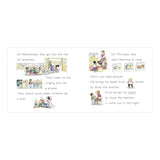Children's book spread showing diverse students at school assembly and learning to read with their teacher.
