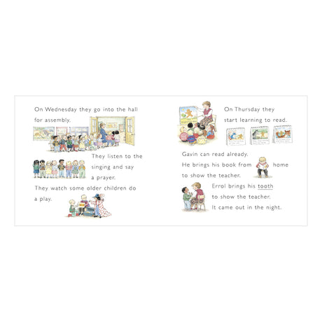 Children's book spread showing diverse students at school assembly and learning to read with their teacher.