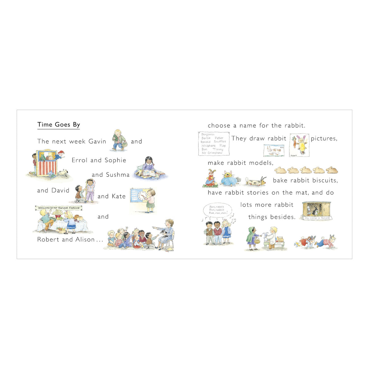 Children's book illustration of students doing rabbit-themed activities like drawing, baking, and naming a pet rabbit.