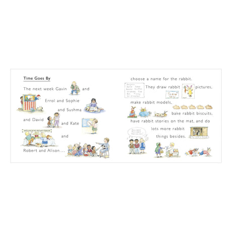 Children's book illustration of students doing rabbit-themed activities like drawing, baking, and naming a pet rabbit.