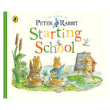 Book cover titled "The World of Peter Rabbit: Starting School" showing a frog teaching two young rabbits outdoors.
