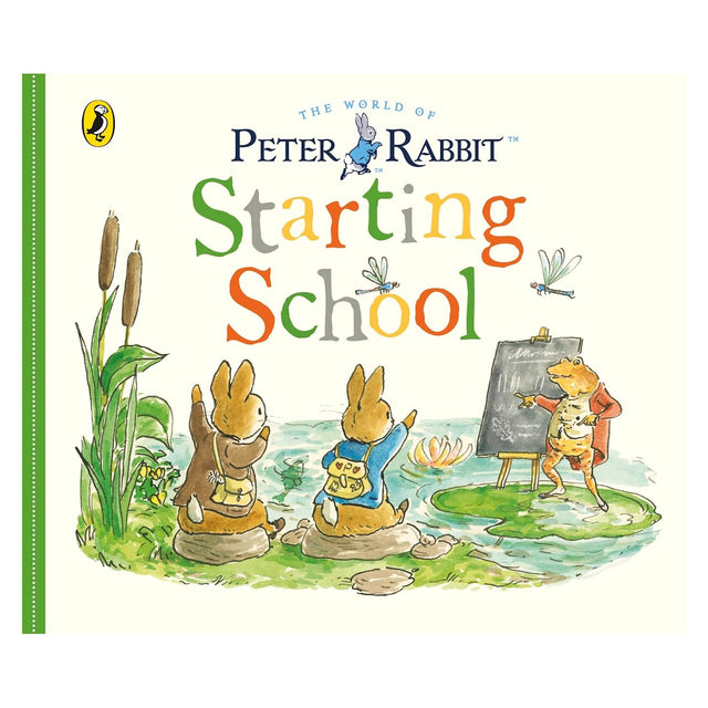 Book cover titled "The World of Peter Rabbit: Starting School" showing a frog teaching two young rabbits outdoors.