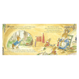 Peter Rabbit runs into a cozy burrow holding a flyer while Mrs. Rabbit knits in a rocking chair.