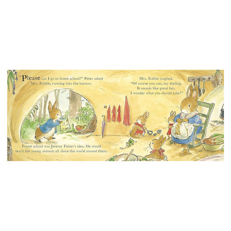 Peter Rabbit runs into a cozy burrow holding a flyer while Mrs. Rabbit knits in a rocking chair.