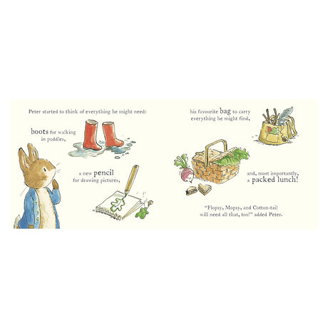Illustrated Peter Rabbit book page with items like red boots, a pencil, bag, and a packed lunch.
