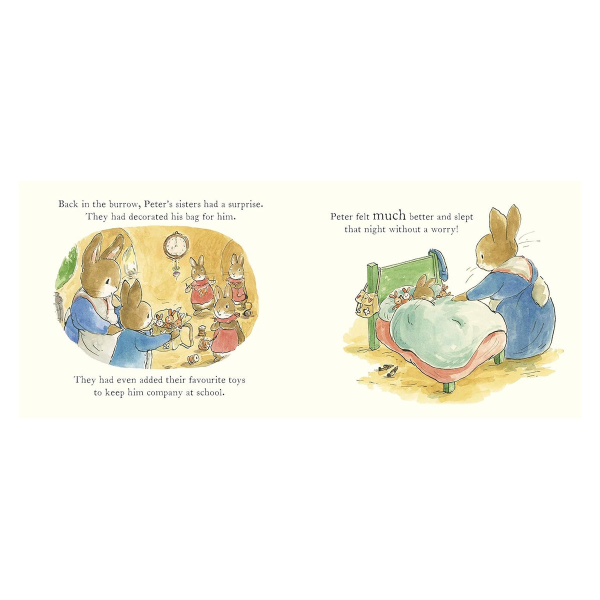 Children's book pages showing rabbits decorating a school bag and tucking a bunny into bed.