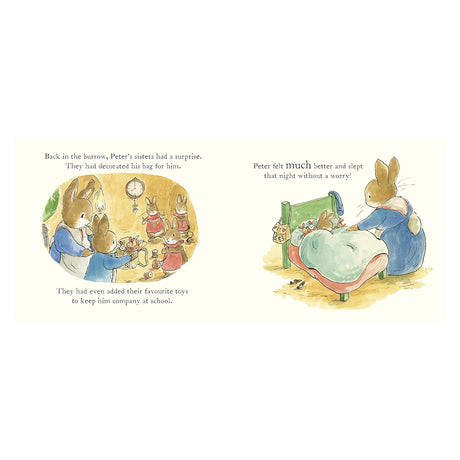 Children's book pages showing rabbits decorating a school bag and tucking a bunny into bed.