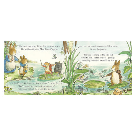 Storybook illustration of Peter Rabbit, a frog teacher, and Benjamin Bunny at a pond forest school.