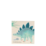 Meri Meri Dinosaur Kingdom small paper napkin featuring a blue Stegosaurus illustration with green palm leaves and rocks.