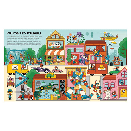 Colorful busy street scene in Stemville with various cartoon animals, vehicles, and robots in a flat, vibrant art style.