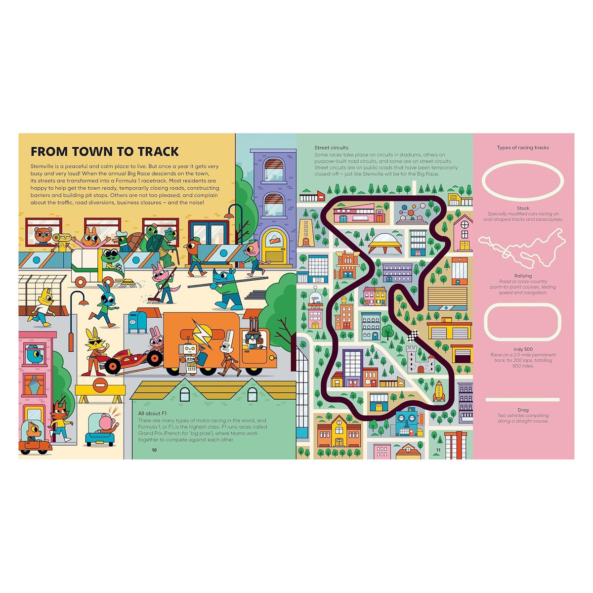 Colorful cartoon spread from Stemville: The Fast Lane book showing animal characters preparing for a car race.