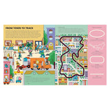 Colorful cartoon spread from Stemville: The Fast Lane book showing animal characters preparing for a car race.