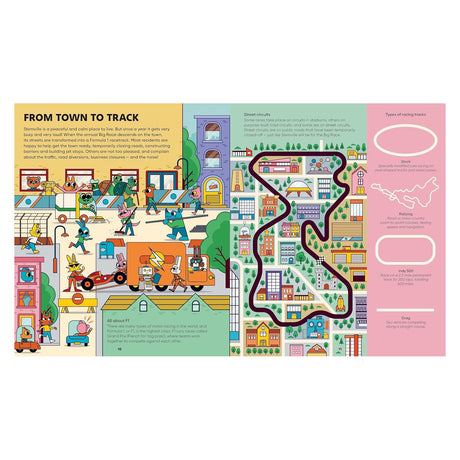Colorful cartoon spread from Stemville: The Fast Lane book showing animal characters preparing for a car race.