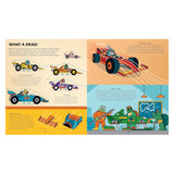 A colorful children's book spread titled "What a Drag!" explaining race car aerodynamics with animal-themed racing cars.