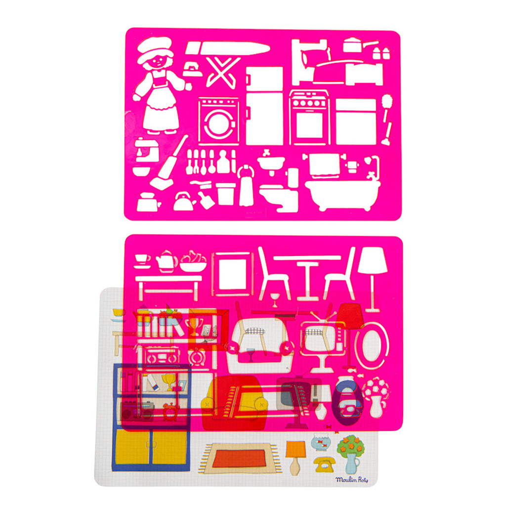 Two pink stencil sheets featuring cut-out shapes of household items, including a chef, furniture, and appliances, overlay a colorful room illustration. Bright tone.