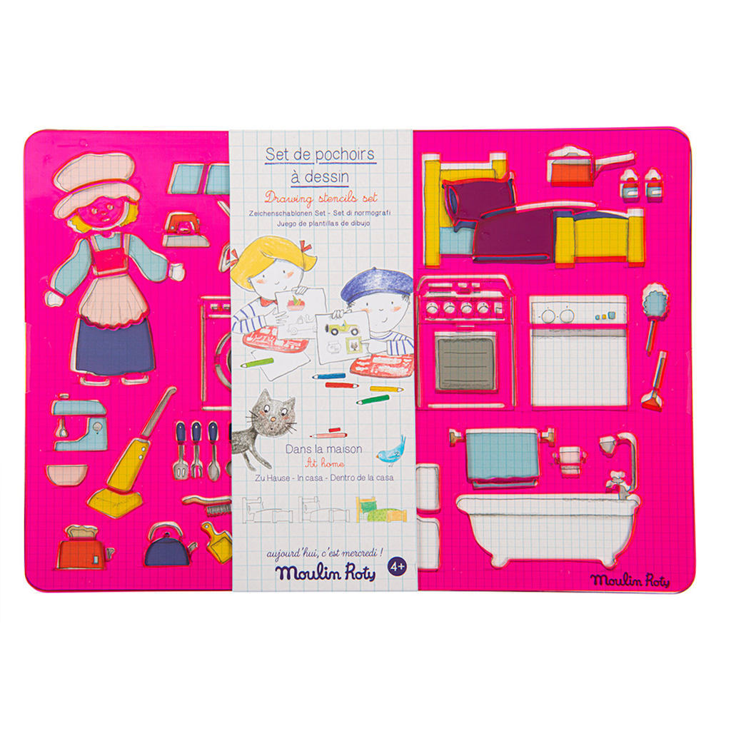 Bright pink drawing stencil set with household shapes like utensils, appliances, and furniture. Includes cheerful illustrations of children and a cat.