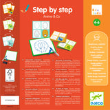 Djeco Step by Step Animo & Co drawing kit for kids ages 4-6, featuring animal templates and dry-erase board.