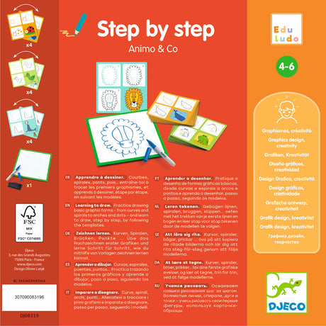 Djeco Step by Step Animo & Co drawing kit for kids ages 4-6, featuring animal templates and dry-erase board.
