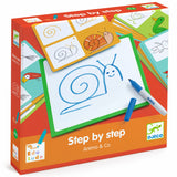 Djeco Eduludo Step by Step Animo & Co drawing kit for kids with whiteboard, marker, and animal template cards.