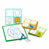 Djeco Step by Step drawing kit for kids with animal cards, whiteboard, and dry erase marker.
