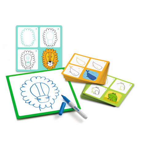 Djeco Step by Step drawing kit for kids with animal cards, whiteboard, and dry erase marker.