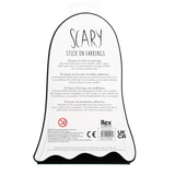 Back view of a ghost-shaped packaging card for 30 pairs of Halloween stick-on earrings.
