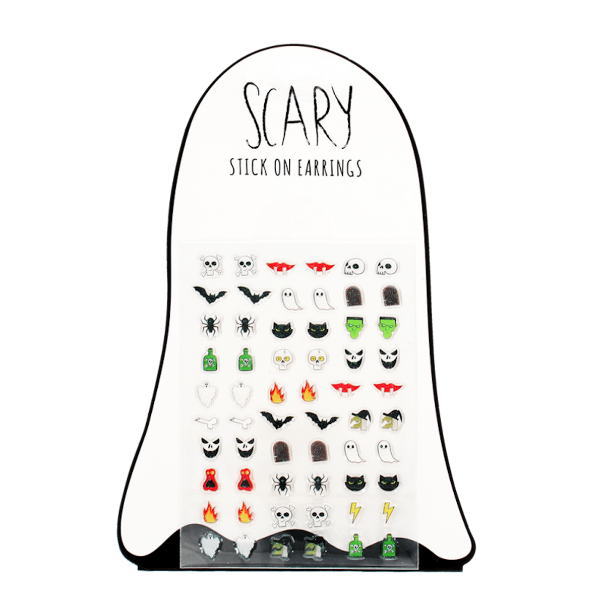 Ghost-shaped card containing a sheet of Halloween stick-on earrings with various spooky designs.