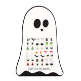 Pack of Halloween stick-on earrings with various spooky designs inside a ghost-shaped package.