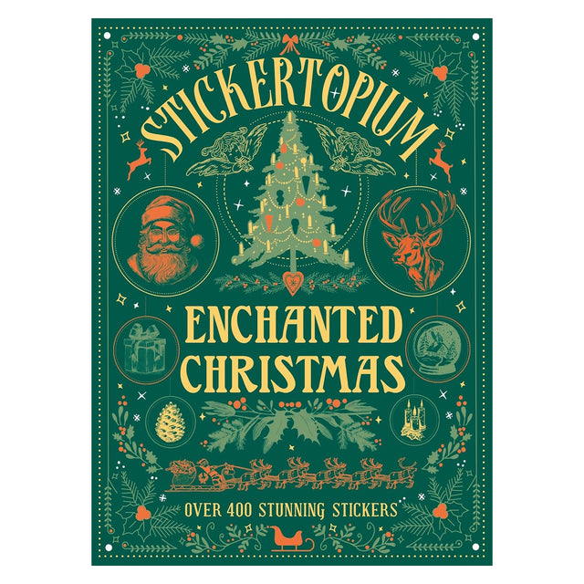 Stickertopium Enchanted Christmas sticker book cover with vintage illustrations of Santa, a reindeer, and a Christmas tree.