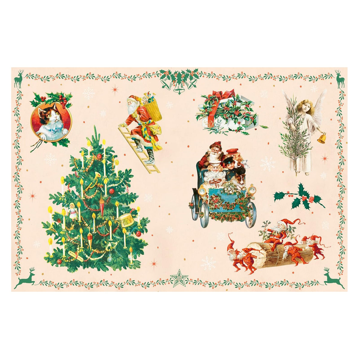 Vintage Christmas sticker sheet featuring Santa, a decorated tree, angels, and festive Victorian-style holiday motifs.