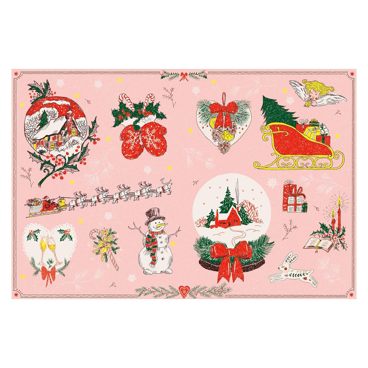 Vintage Christmas sticker sheet with festive illustrations of snow globes, Santa's sleigh, a snowman, and winter motifs.