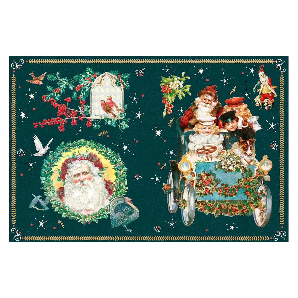 Vintage Christmas collage with Santa Claus, children in an antique car, a holly wreath, and winter birds on green.