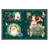 Vintage Christmas collage with Santa Claus, children in an antique car, a holly wreath, and winter birds on green.