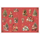 Vintage 1950s style Christmas illustrations with trees, families, and gifts on a festive red background.