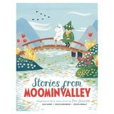 Stories from Moominvalley book cover featuring Moomintroll and Snufkin sitting on a bridge over a river.