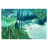 Illustration of Moomintroll and Moominmamma walking through a rainy forest with storybook text.