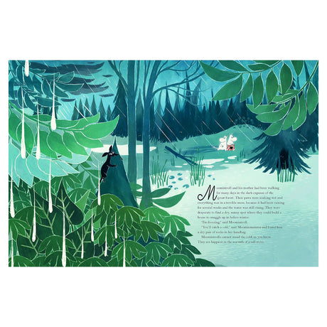 Illustration of Moomintroll and Moominmamma walking through a rainy forest with storybook text.