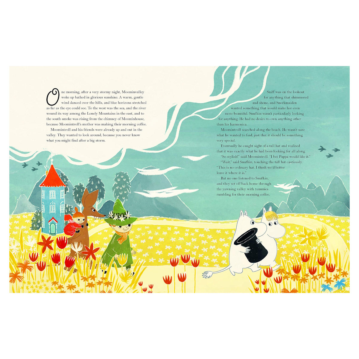 Moomin characters Snufkin, Little My, and Sniff walking through a field of flowers toward Moomintroll with a top hat.
