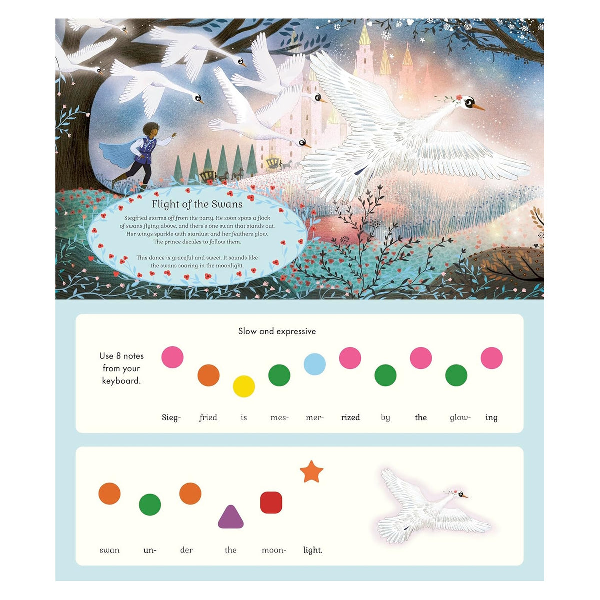 Inside page of Swan Lake musical book showing a swan illustration with color-coded notes and lyrics for kids to play.
