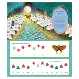 Swan Lake children's book page with "Evil Sorcerer" music notation using colorful shapes and ballet illustrations.