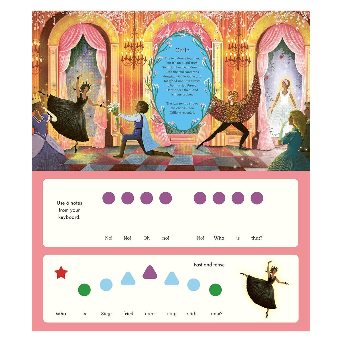 Swan Lake musical book page featuring Odile, with simple color-coded piano notes and a ballroom ballet illustration.
