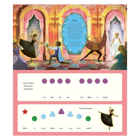 Swan Lake musical book page featuring Odile, with simple color-coded piano notes and a ballroom ballet illustration.