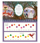 Swan Lake children’s book page with a colorful music notation guide using shapes and story illustrations of a forest.