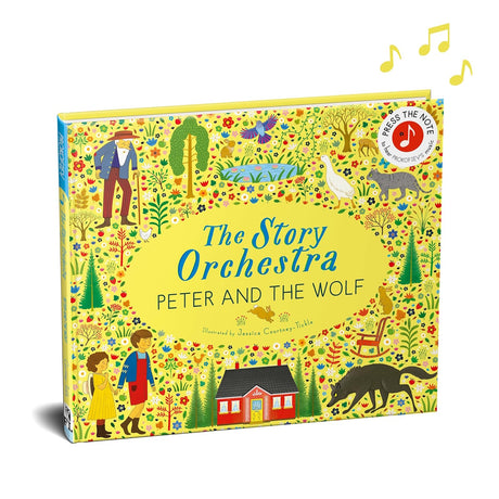 The Story Orchestra: Peter and the Wolf children’s musical book cover with colorful illustrations and a sound button.