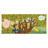 Illustration of Peter and the Wolf: a boy by an apple tree with a bluebird while a girl picks fruit in a meadow.
