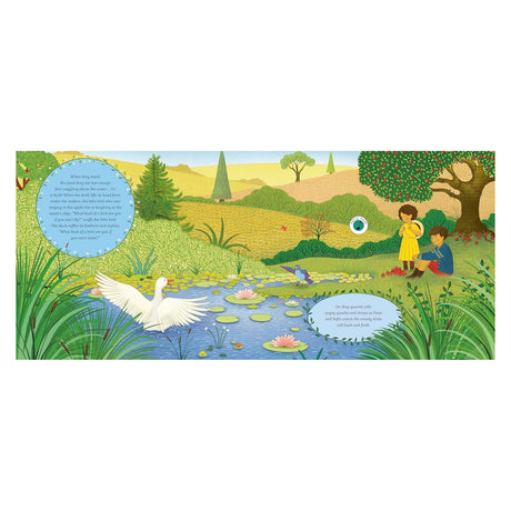 Illustration of Peter and the Wolf with a white duck in a pond, a bird, and two children in a grassy field.