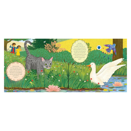 Illustration of a grey cat stalking a duck and bird from Peter and the Wolf, with children in a grassy meadow.