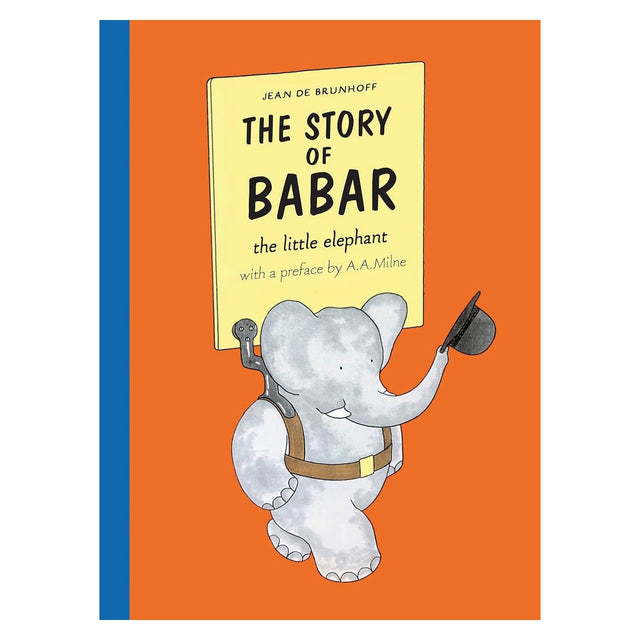 The Story of Babar by Jean de Brunhoff book cover featuring the little elephant holding a bowler hat on an orange background.